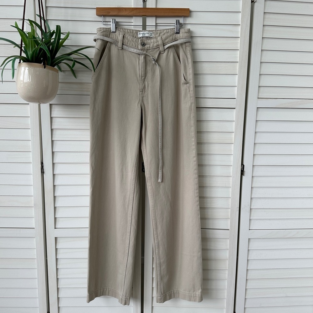 Abercrombie & Fitch The Loose High Rise Khaki Wide Leg Pants 27 4L Tan Belted